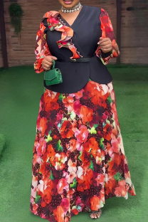 Orange Casual Print With Belt Stringy Selvedge V Neck Plus Size Two Pieces