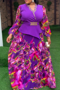 Purple Elegant Print With Belt V Neck Plus Size Two Pieces