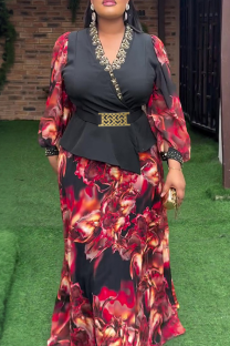 Black Elegant Print With Belt V Neck Plus Size Two Pieces