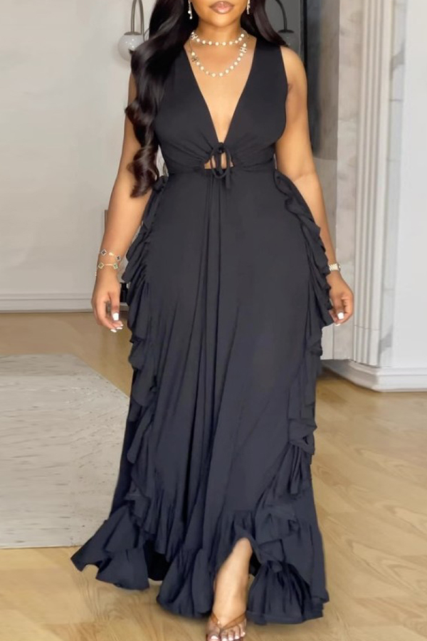 Black Sexy Solid Color Strap Design Ruffled Trim V Neck Long Plus Size Dresses