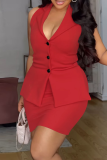 Blue Sexy Solid Color Buckle V Neck Plus Size Two Pieces