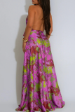Pink Elegant Print Backless Strap Design Halter Long Dresses