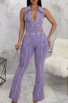 Purple Casual Solid Color Patchwork Turndown Collar Sleeveless Two Pieces