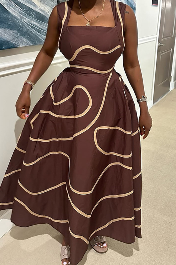 Dark Brown Casual Print Pocket Square Neck Long Dresses