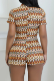 Gold Casual Print Buckle Turndown Collar Skinny Rompers