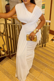 White Elegant Solid Color Hollow Out Asymmetrical Collar Long Dresses