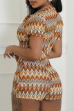 Gold Casual Print Buckle Turndown Collar Skinny Rompers