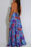 Pink Elegant Print Backless Strap Design Halter Long Dresses