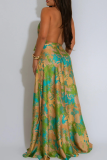Pink Elegant Print Backless Strap Design Halter Long Dresses