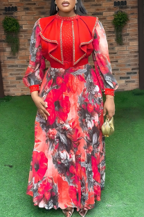 Red Elegant Print With Belt Zipper Flounce O Neck Long Plus Size Dresses