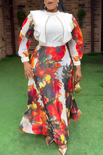 White Elegant Print With Belt Zipper Flounce O Neck Long Plus Size Dresses