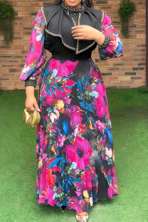 Black Elegant Print With Belt Zipper Flounce O Neck Long Plus Size Dresses