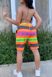 Orange Sexy Print Backless Strap Design Halter Sleeveless Two Pieces