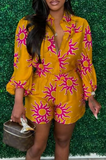 Yellow Casual Print Buckle Turndown Collar Three Quarter Two Pieces