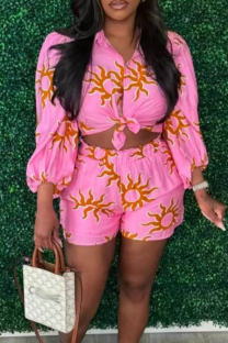 Pink Casual Print Buckle Turndown Collar Three Quarter Two Pieces