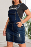 Deep Blue Casual Solid Color Pocket Strap Plus Size Dresses