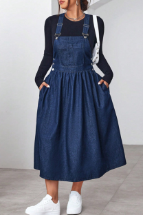 Deep Blue Casual Solid Color Pocket Strap Plus Size Dresses