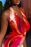 Red Sexy Print Backless V Neck Long Dresses