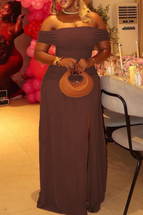Dark Brown Sexy Solid Color Patchwork Off Shoulder Long Dresses
