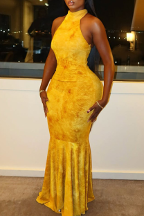 Yellow Elegant Print Backless Strap Design Halter Long Dresses