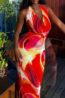 Red Sexy Print Backless V Neck Long Dresses
