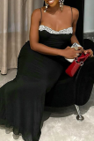 Black Sexy Solid Color Lace Spaghetti Strap Long Dresses