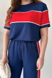 Navy Blue Casual Pocket Contrast O Neck Short Sleeve Two Pieces