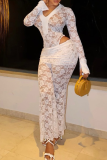 White Sexy Solid Color Lace See-Through V Neck Long Sleeve Two Pieces