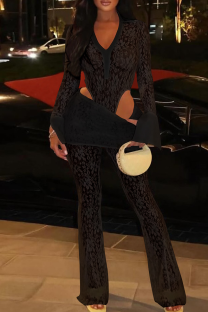 Black Sexy Solid Color Lace See-Through V Neck Long Sleeve Two Pieces