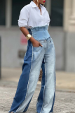 Blue Casual Contrast High Waist Loose Denim Jeans