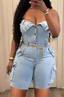 Blue Sexy Solid Color Pocket Buckle Strapless Skinny Rompers