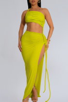 Yellow Sexy Solid Color High Slit Ruched Strapless Long Dresses