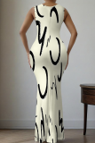 White Elegant Print V Neck Long Dresses