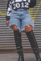 Blue Casual Solid Color Fringed Trim Irregular Mid Waist Loose Denim Shorts