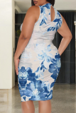 Black And White Sexy Print Hollow Out O Neck Wrapped Skirt Plus Size Dresses