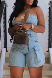 Blue Sexy Solid Color Pocket Buckle Strapless Skinny Rompers
