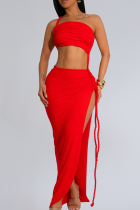 Red Sexy Solid Color High Slit Ruched Strapless Long Dresses