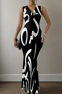 Black Elegant Print V Neck Long Dresses