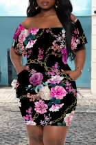 Black Pink Sexy Print Pocket Off Shoulder Wrapped Skirt Dresses