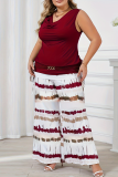 Burgundy Casual Print Metal Accessories Trim V Neck Plus Size Two Pieces