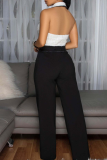 Black Casual Solid Color Backless Turndown Collar Regular Jumpsuits