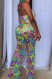 Green Casual Print Hollow Out Backless Halter Regular Jumpsuits