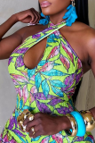 Green Casual Print Hollow Out Backless Halter Regular Jumpsuits