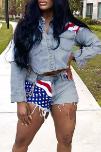 Blue Casual American Flag Buckle Turndown Collar Long Sleeve Two Pieces