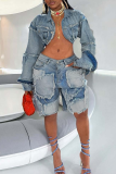 Blue Casual Solid Color Pocket Turndown Collar Long Sleeve Two Pieces