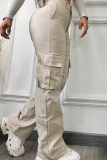 Khaki Casual Solid Color Pocket Straight Mid Waist Patchwork Bottoms