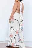 White Casual Stripe Pocket Backless Halter Long Dresses