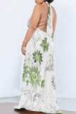 White Casual Stripe Pocket Backless Halter Long Dresses
