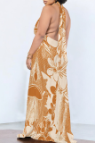 Khaki Casual Print Pocket Backless Halter Long Dresses