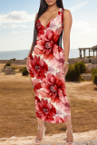 Blue White Casual Print V Neck Long Dresses